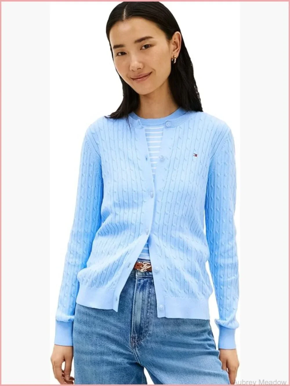 Cable Knit Crew Neck Cardigan Sweater Long Sleeve Button Down